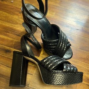 gorgeous black platform heel sandals, in glossy snakeskin leather with buckles